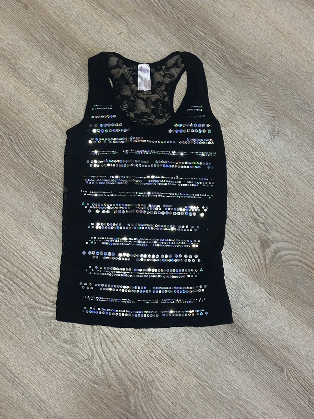 Women's Black Sequin Lace-Back Tank Top